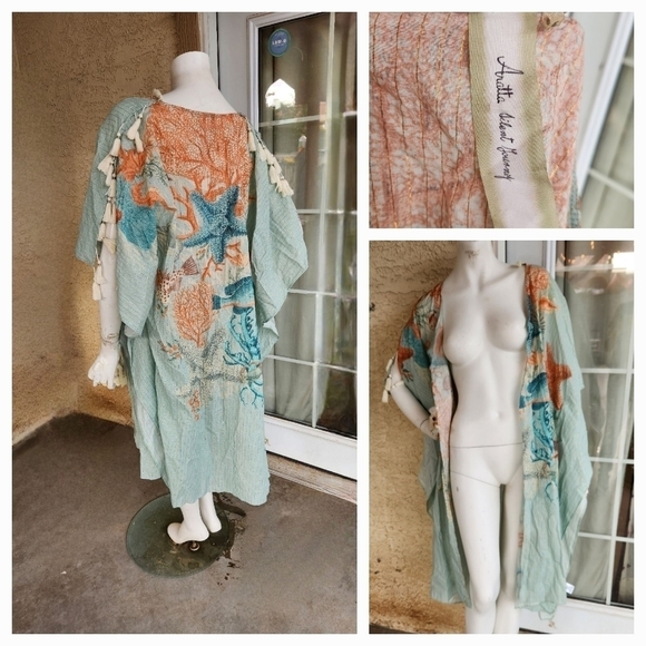 Aratta Maxi Kimono With Tassel Trim In Ocean View Print - Picture 3 of 3